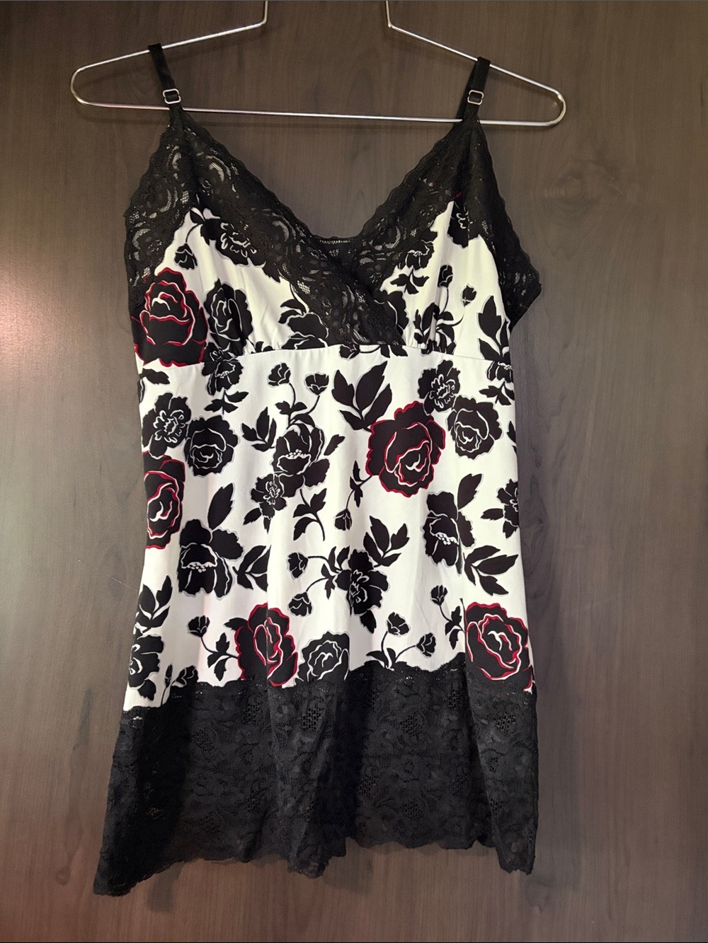White House Black Market Black & White Floral Lace-Trim top with Red Accents